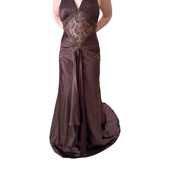 ALYCE DESIGNS Chocolate Brown Satin Formal Gown With Train and Cutout Midriff - Picture 6 of 16